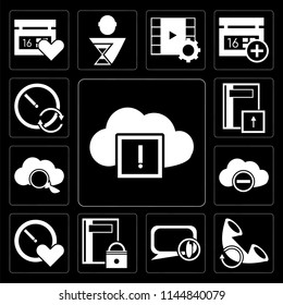 Set Of 13 simple editable icons such as Cloud computing, Phone call, Speech bubble, Notebook, Stopwatch, Stopwatch on black background