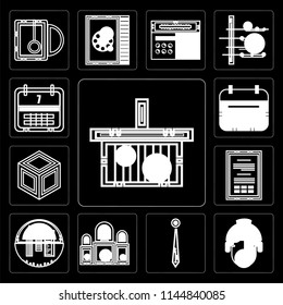 Set Of 13 simple editable icons such as Online store, Worker, Accessory, Judging, School material, Office Packing, Wall calendar, Weekly calendar on black background