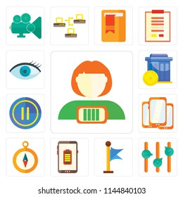 Set Of 13 simple editable icons such as Battery, Volume control, Flag, Compass, Smartphone, Pause, Trash, View, web ui icon pack