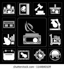 Set Of 13 simple editable icons such as Writer, School material, Sailing boat, Music player, Wall calendar, Packing, Stats, Studying, Banker on black background