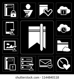 Set Of 13 simple editable icons such as Bookmark, Stopwatch, Envelope, Server, Notebook, Folder, Image, Cloud computing, Smartphone on black background
