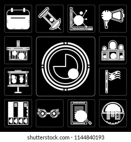 Set Of 13 simple editable icons such as Circular graphic, School material, Archive, Reading glasses, Office Maps and Flags, Business presentation, Judging, Online store on black background