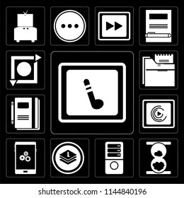 Set Of 13 simple editable icons such as Music player, Hourglass, Server, Layers, Smartphone, Notebook, Folder, Repeat on black background