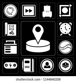 Set Of 13 simple editable icons such as Placeholder, Layers, User, Notebook, Battery, Film, Unlocked, Alarm, print on black background