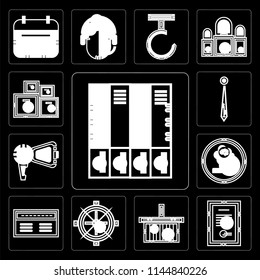 Set Of 13 simple editable icons such as Office material, Contract, Online store, Sailing boat, Banker, Studying, Protest, Accessory, Packing on black background