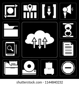 Set Of 13 simple editable icons such as Cloud computing, Minus, Television, Compact disc, Folder, Document, Smartphone, Hourglass, Folder on black background