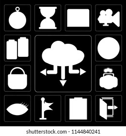 Set Of 13 simple editable icons such as Cloud computing, Exit, Notepad, Flag, View, Photos, Locked, Play, Battery on black background