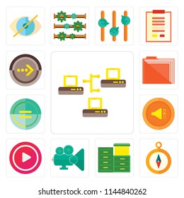 Set Of 13 simple editable icons such as Server, Compass, Archive, Video player, Play, Muted, Equal, Folder, Next, web ui icon pack
