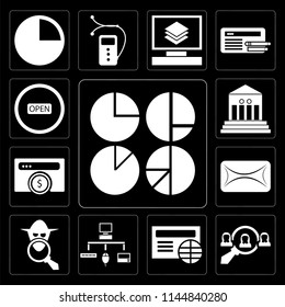 Set Of 13 simple editable icons such as Analytics, Hiring, Browser, Sitemap, Spy, Envelope, Bank, Open on black background