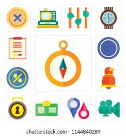Set Of 13 simple editable icons such as Compass, Video player, Placeholders, Id card, Locked, Notification, Percent, Frame, Notepad, web ui icon pack