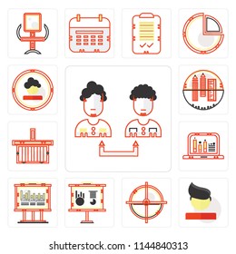 Set Of 13 simple editable icons such as Collaboration, Boss, Circular target, Business presentation, Bars chart, Line Online store, School material, web ui icon pack