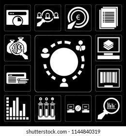 Set Of 13 simple editable icons such as Worldwide, Analytics, Link, Testing, Barcode, Browser, Layers, Analytics on black background