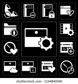 Set Of 13 simple editable icons such as Archive, Stopwatch, Calendar, Video player, Folder on black background