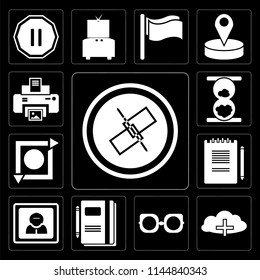 Set Of 13 simple editable icons such as Unlink, Cloud computing, Eyeglasses, Notebook, User, Notepad, Repeat, Hourglass, Print on black background