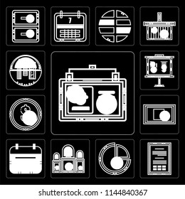 Set Of 13 simple editable icons such as Id card, Office material, Finances, Judging, Wall calendar, Rectangular, Dollar, Business presentation, School material on black background
