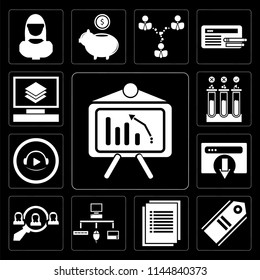 Set Of 13 simple editable icons such as Analytics, Tag, List, Sitemap, Hiring, Browser, Video player, Testing, Layers on black background