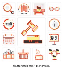 Set Of 13 simple editable icons such as Decree, Network, Writer, Online store, Judging, Business presentation, Wall calendar, Customer service, Wait, web ui icon pack