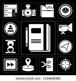 Set Of 13 simple editable icons such as Notebook, Target, Shuffle, Placeholder, Fast forward, Paper plane, Hourglass, Video camera, Login on black background