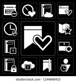 Set Of 13 simple editable icons such as Bookmark, User, Cloud computing, Notebook, Archive, Map, Stopwatch on black background