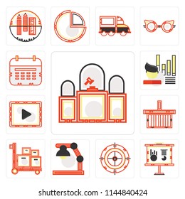 Set Of 13 simple editable icons such as Judging, Business presentation, Dart board, Studying, Packing, Online store, Music player, Stats, Wall calendar, web ui icon pack