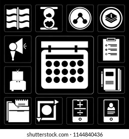 Set Of 13 simple editable icons such as Calendar, Smartphone, Repeat, Folder, Notebook, Television, List, Megaphone on black background