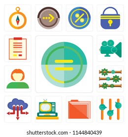 Set Of 13 simple editable icons such as Equal, Volume control, Folder, Television, Cloud computing, Settings, User, Video player, Notepad, web ui icon pack