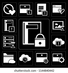 Set Of 13 simple editable icons such as Notebook, Archive, Cloud computing, Folder, Server, Image, Notebook on black background