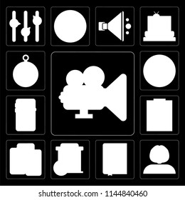 Set Of 13 simple editable icons such as Video player, User, Notebook, Trash, Smartphone, Notepad, Battery, Pause, Compass on black background