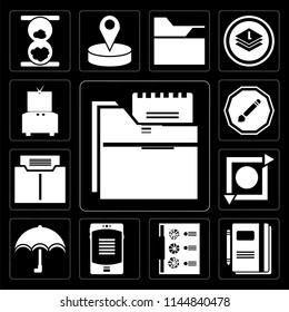 Set Of 13 simple editable icons such as Folder, Notebook, Menu, Smartphone, Umbrella, Repeat, Compose, Television on black background