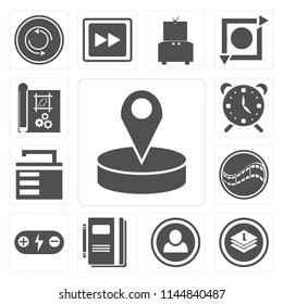 Set Of 13 simple editable icons such as Placeholder, Layers, User, Notebook, Battery, Film, Unlocked, Alarm, print, web ui icon pack