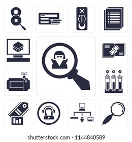 Set Of 13 simple editable icons such as Spy, Search, Sitemap, Video player, Tag, Testing, Coupon, Link, Layers, web ui icon pack