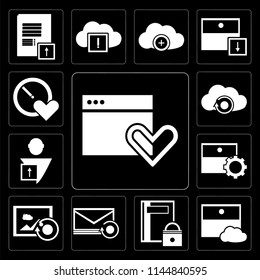Set Of 13 simple editable icons such as Browser, Archive, Notebook, Mail, Image, User, Cloud computing, Stopwatch on black background