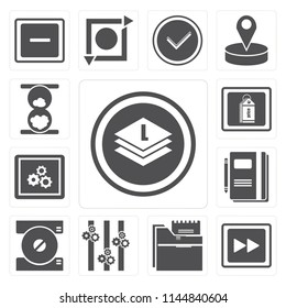 Set Of 13 simple editable icons such as Layers, Fast forward, Folder, Controls, Compact disc, Notebook, App, Price tag, Hourglass, web ui icon pack
