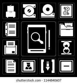 Set Of 13 simple editable icons such as Smartphone, Minus, Download, User, Document, Hourglass, Folder, Notebook on black background