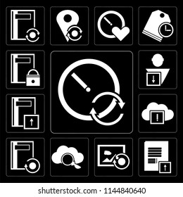 Set Of 13 simple editable icons such as Stopwatch, Notepad, Image, Cloud computing, Notebook, User, Notebook on black background