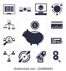 Set Of 13 simple editable icons such as Piggy bank, Placeholder, Tag, Target, Network, Browser, Hiring, Cit card, Sitemap, web ui icon pack