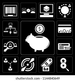 Set Of 13 simple editable icons such as Piggy bank, Placeholder, Tag, Target, Network, Browser, Hiring, Cit card, Sitemap on black background