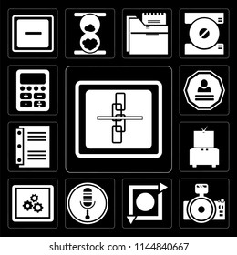 Set Of 13 simple editable icons such as Broken link, Photo camera, Repeat, Microphone, App, Television, Notebook, Login, Calculator on black background