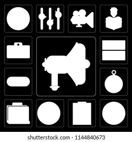Set Of 13 simple editable icons such as Speaker, More, Notepad, Fingerprint, Picture, Compass, Switch, Archive, Id card on black background