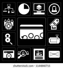 Set Of 13 simple editable icons such as Cit card, Envelope, Analytics, Hiring, Browser, Coupon, Placeholder, Tag, Tag on black background