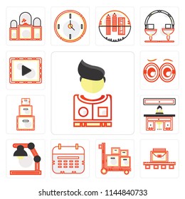 Set Of 13 simple editable icons such as Clothing, Luggage, Packing, Wall calendar, Studying, Administrator, Looking, Music player, web ui icon pack