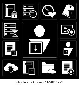 Set Of 13 simple editable icons such as User, Notepad, Folder, Notebook, Cloud computing, Image, Server on black background