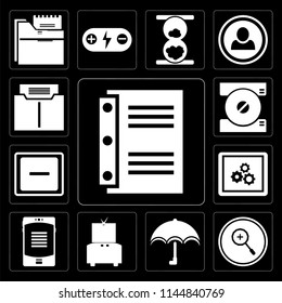 Set Of 13 simple editable icons such as Notebook, Zoom in, Umbrella, Television, Smartphone, App, Minus, Compact disc, Folder on black background