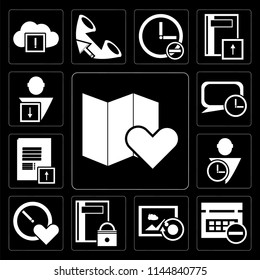 Set Of 13 simple editable icons such as Map, Calendar, Image, Notebook, Stopwatch, User, Notepad, Speech bubble, User on black background