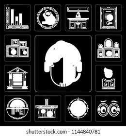 Set Of 13 simple editable icons such as Customer service, Looking, Dart board, Online store, School material, Clothing, Banking, Judging, Packing on black background