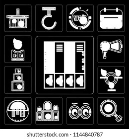 Set Of 13 simple editable icons such as Office material, Growth, Looking, Judging, School Network, Packing, Protest, Clothing on black background