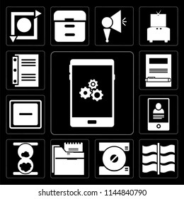 Set Of 13 simple editable icons such as Smartphone, Flag, Compact disc, Folder, Hourglass, Minus, Notebook, Notebook on black background