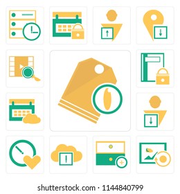 Set Of 13 simple editable icons such as Price tag, Image, Archive, Cloud computing, Stopwatch, User, Calendar, Notebook, Video player, web ui icon pack