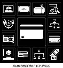 Set Of 13 simple editable icons such as Cit card, Tag, Hierarchical structure, Browser, Layers, Sitemap, Target on black background
