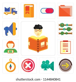 Set Of 13 simple editable icons such as Reading, Next, Video player, Multiply, Compass, Notepad, Battery, Settings, Megaphone, web ui icon pack